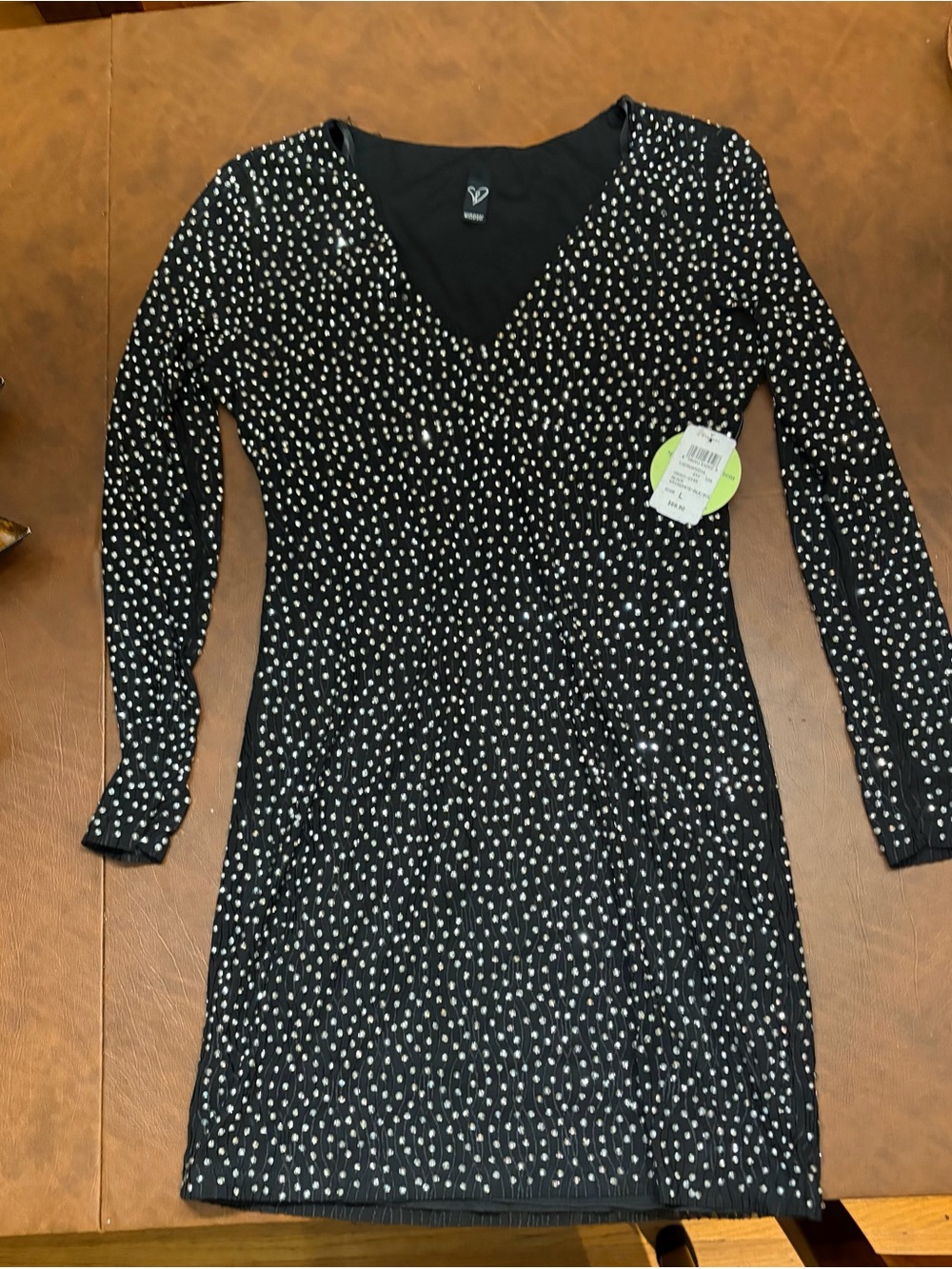 NWT Black Long-Sleeve V-Neck dress with rhinestones